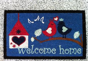 Dørmåtte i kokos i flot design Welcome home blue 45 x 75 cm